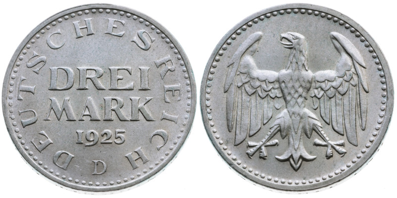 Weimarer Republik 
3 Mark
1925
D München

Vs: Wert, Jahr
Rs: Adler

Mate...