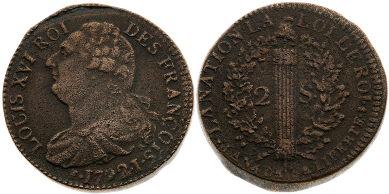 Frankreich 
Königreich. Louis XVI., 1774-1792
2 Sols
1792
I Limoges

Vs: B...