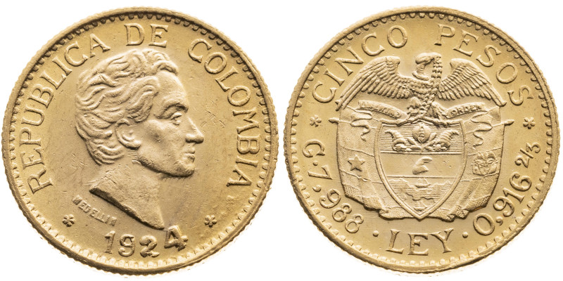 Kolumbien 
Republik, seit 1886
5 Pesos
1924

Vs: Kopf v. Simon Bolivar n.r...