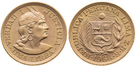 Peru 
Republik, seit 1821
Libra
1966

Vs: Brustbild des Inka-Herrschers Manco Capac n. r., Umschrift
Rs: Wappen in Palm- und Lorbeerkranz, Umsch...
