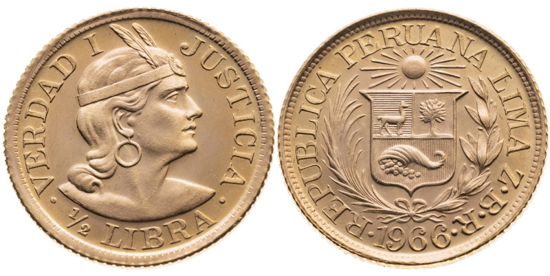 Peru 
Republik, seit 1821
1/2 Libra
1966

Vs: Brustbild des Inka-Herrschers...