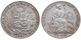 Peru 
Republik, seit 1821
Sol
1884

RD
Vs: Staatswappen
Rs: Sitzende Freiheit

Material: Silber 900

Größe: 37.0mm
Gewicht: 25.0g

Liter...