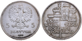 Polen 
I. Republik, 1918-1939
5 Zlotych
1930

100. Jahrestag des polnischen Aufstandes
Vs: Wappenadler, Wert
Rs: Schrift unter Standarte

Mat...
