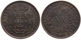 Portugal 
Königreich. Luiz I., 1861-1889
20 Reis
1874

Vs: Bekröntes Wappen, Umschrift
Rs: Wert in Kranz, Umschrift

Material: Kupfer 

Größ...