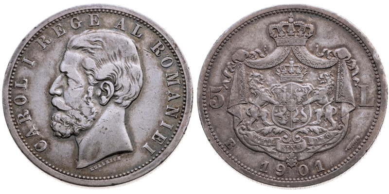 Rumänien 
Königreich. Carol I., 1881-1914
5 Lei
1901

Wappen
Vs: Kopf n. l...
