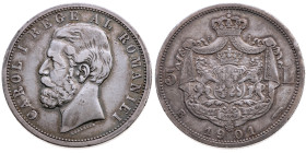 Rumänien 
Königreich. Carol I., 1881-1914
5 Lei
1901

Wappen
Vs: Kopf n. l., Umschrift
Rs: Wappen

Material: Silber 

Größe: 38.0mm
Gewich...