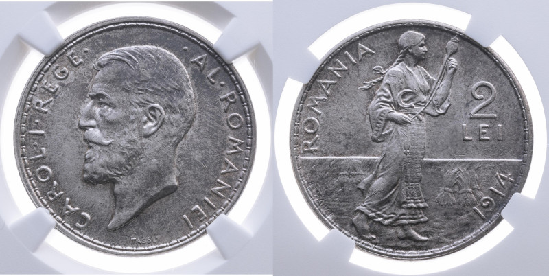 Rumänien 
Königreich. Carol I., 1881-1914
2 Lei
1910

Vs: Kopf n. l., Umsch...