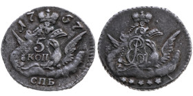 Russland 
Kaiserreich. Elisabeth, 1741-1762
5 Kopeken
1757

Vs: Wert und Jahr
Rs: Monogramm

Material: Silber 

Größe: 14.5mm
Gewicht: 1.24...