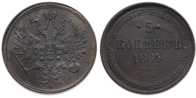 Russland 
Kaiserreich. Alexander II., 1855-1881
5 Kopeken
1864

Vs: Bekrönter Doppeladler
Rs: Wert und Jahr in Kranz

Material: Kupfer 

Grö...