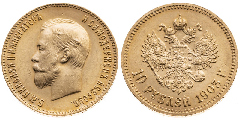 Russland 
Kaiserreich. Nikolaj II., 1894-1917
10 Rubel
1903

Vs: Kopf n. l....