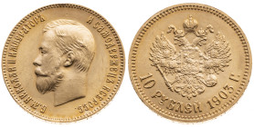 Russland 
Kaiserreich. Nikolaj II., 1894-1917
10 Rubel
1903

Vs: Kopf n. l., Umschrift
Rs: Gekrönter Doppeladler

Material: Gold 900

Größe:...