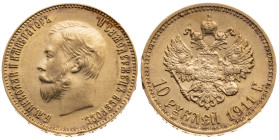 Russland 
Kaiserreich. Nikolaj II., 1894-1917
10 Rubel
1911

Vs: Kopf n. l., Umschrift
Rs: Gekrönter Doppeladler mit Brustschild

Material: Go...