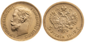 Russland 
Kaiserreich. Nikolaj II., 1894-1917
5 Rubel
1902

Vs: Kopf n. l., Umschrift
Rs: Gekrönter Doppeladler mit Brustschild

Material: Gol...