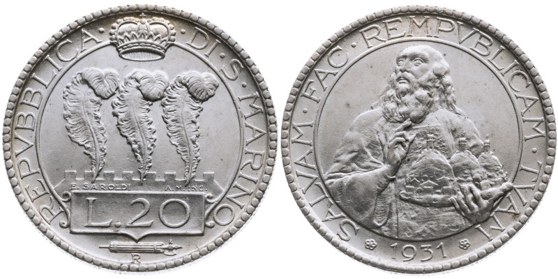 San Marino 
Republik, seit 1300
20 Lire
1931
Rom

Vs: Drei Federn, darüber...