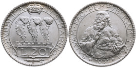 San Marino 
Republik, seit 1300
20 Lire
1931
Rom

Vs: Drei Federn, darüber Krone, Umschrift
Rs: Hl. Marinus, Umschrift

Material: Silber 800...