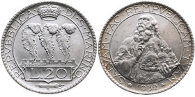 San Marino 
Republik, seit 1300
20 Lire
1932
Rom

Vs: Drei Federn, darüber Krone, Umschrift
Rs: Hl. Marinus, Umschrift

Material: Silber 800...