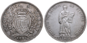 San Marino 
Republik, seit 1300
5 Lire
1898
Rom

Vs: Bekröntes Wappen in Kranz, Umschrift
Rs: Sl. Marinus stehend von vorne mit Schriftrolle, U...