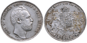 Schweden 
Königreich. Carl XV., 1859-1872
Riksdaler
1871
Stockholm ST

Vs: Kopf n. r., Umschrift
Rs: Wappen

Material: Silber 750

Größe: 2...