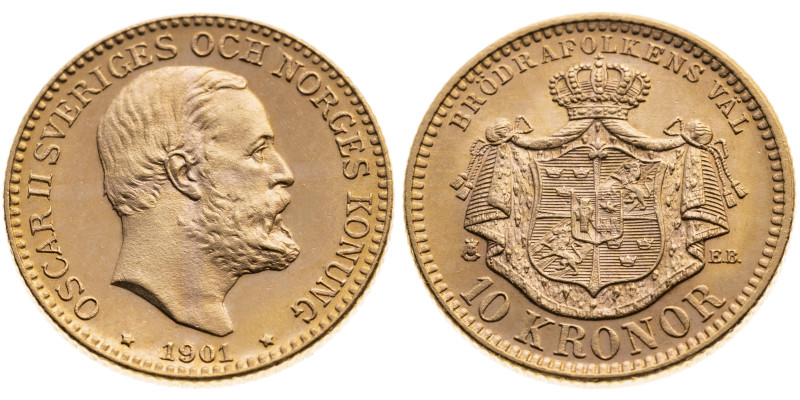 Schweden 
Königreich. Oskar II., 1872-1907
10 Kronen
1901

Vs: Kopf n. r., ...