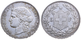 Schweiz 
Bundesstaat, seit 1848
5 Franken
1889

Vs: Kopf der Helvetia n. l., Umschrift
Rs: Wappen und Wert in Eichen- und Lorbeerkranz

Materi...