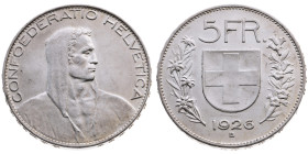 Schweiz 
Bundesstaat, seit 1848
5 Franken
1926
Bern

Vs: Brb. n. r.
Rs: Wappen, Wertangabe

Material: Silber 900

Größe: 37.0mm
Gewicht: 2...