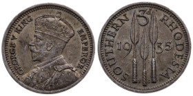Simbabwe 
Südrhodesien
Britische Kronkolonie. George V., 1910-1936
3 Pence
1935

Vs: Brustbild mit Krone n. l., Umschrift
Rs: Drei Speerspitzen...