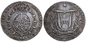 Spanien 
Königreich. Fernando VII., 1813-1833
Real
1808

auf die Akklamation 1808 (als Silbermedaille)
Vs: Gekr. Wappen mit Kette
Rs: Monogramm...