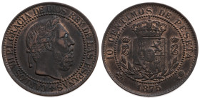 Spanien 
Königreich. Carlos (VII.), Prätendent, 1872-1876
10 Centimos
1875
Onate

Kopf n. r. mit Lorbeerkranz, Umschrift
Vs: 
Rs: Gekröntes Wa...