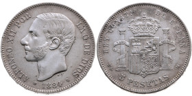 Spanien 
Königreich. Alfonso XII., 1874-1885
5 Pesetas
1884 (18 - 84)
Madrid

Vs: Kopf n. l., Umschrift
Rs: Gekr. Wappen zwischen Säulen, Umsch...