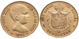 Spanien 
Königreich. Alfonso XIII., 1886-1931
20 Pesetas
1890 (18 - 90)
Madrid

Vs: Brustbild (als Kind) n. r., Umschrift
Rs: Wappen auf gekrön...