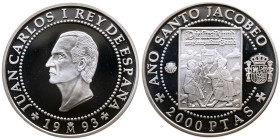 Spanien 
Königreich. Juan Carlos, 1975-2014
2000 Pesetas
1993

Heiliges Jakobsjahr
Vs: Kopf n.l., Umschrift
Rs: Deutscher Pilgerkupferstich

...