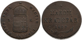 Ungarn 
Revolutionsregierung, 1848-1849
3 Kreuzer
1849

Revolutionsausgabe
Vs: Gekrönter Wappenschild
Rs: Wertangabe und Jahr

Material: Kupf...