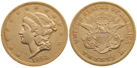 USA 
Bundesstaat, seit 1789
20 Dollars
1852
Philadelphia P

Vs: Kopf der Liberty (ohne Motto)
Rs: Adler

Material: Gold 900

Größe: 33.5mm...