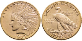 USA 
Bundesstaat, seit 1789
10 Dollars
1910
Denver D

Vs: Indianerkopf n.l
Rs: Adler n.l

Material: Gold 900

Größe: 27.0mm
Gewicht: 16.72...