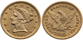 USA 
Bundesstaat, seit 1789
2 1/2 Dollars
1903
Philadelphia P

Vs: Kopf der Liberty n. l. im Sternenkreis
Rs: Adler mit Brustschild, Umschrift...