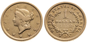USA 
Bundesstaat, seit 1789
Dollar
1852
New Orleans O

Vs: Kopf der Liberty
Rs: Wert und Jahr in Kranz

Material: Gold 900

Größe: 13.0mm
...