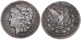 USA 
Bundesstaat, seit 1789
Dollar
1890
Carson City CC

('Morgandollar')
Vs: Kopf der Liberty mit phrygischer Mütze und Lorbeerzweig n. l.
Rs:...