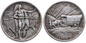 USA 
Bundesstaat, seit 1789
1/2 Dollar
1926

100 Jahre Besiedlung von Oregon
Vs: Indianer mit Kopfschmuck
Rs: Ochsenbespannter Siedlerwagen auf...