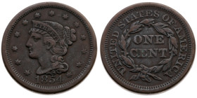 USA 
Bundesstaat, seit 1789
Cent
1854

Vs: Kopf der Liberty n. l. in Sterne-Kranz
Rs: Wert in Kranz, Umschrift

Material: Kupfer 

Größe: 27...