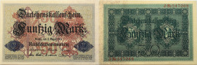 Kaiserreich, Darlehnskassenschein 
50 Mark
1914-08-05
1914

Vs: Nummer sechsstellig, Nominal im Unterdruck Ornamente, blaue Siegel
Rs: Nominal, ...