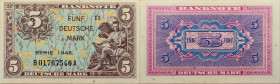 Alliierte Besatzung - Bank deutscher Länder 
5 Mark Serie 1948
1948

Vs: Sitzender Mann mit Zirkel und Schriftrolle, neben Globus, im Hintergrund ...