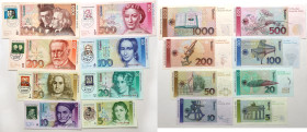 Deutschland 
5, 10, 20, 50, 100, 200, 500, 1000 Mark
1991

Vs: Porträts berühmter Persönlichkeiten Deutschlands, mit Briefmarken gestempelt, passe...