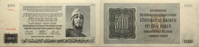 Böhmen und Mähren 
5000 Kronen nicht perforiert
1944-02-24
1944

Vs: Denkmal Herzog Wenzel von Böhmen, ohne SPECIMEN Perforation, Serie A
Rs: We...