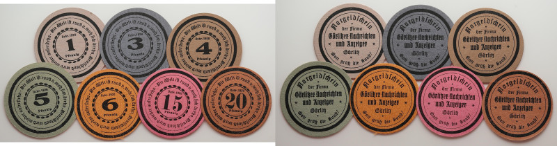 Notgeld 
1, 3, 4, 5, 6, 15, 20 Pfennig
1920

Vs: Görlitz, runde Kartonpapier...