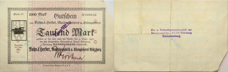 Notgeld 
1000 Mark
1922

Vs: Nominal,links Bohn & Herber Druckmaschiene, Umr...