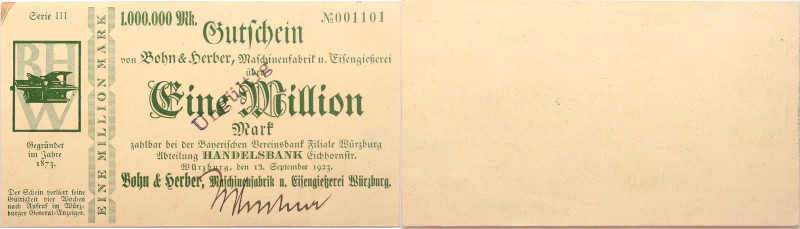 Notgeld 
1 Million Mark
1923

Würzburg
Vs: Würzburg, Bohn & Herber Druckmas...