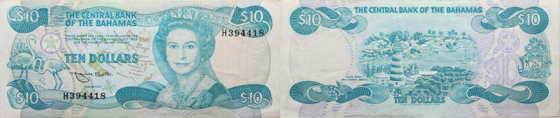 Bahamas 
10 Dollars
1974

Vs: Queen Elisabeth, links Flamingos
Rs: Leuchttu...
