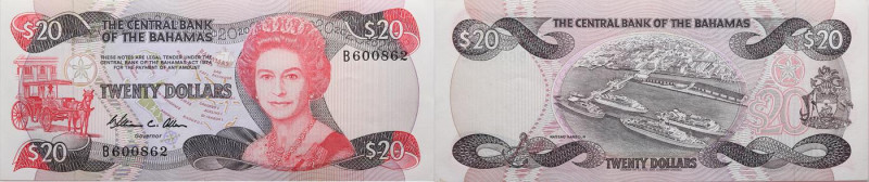 Bahamas 
20 Dollars
1974

Vs: Queen Elisabeth, links Pferdekutsche
Rs: Hafe...