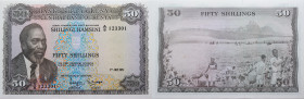 Kenia 
50 Shillings
1971-07-01
1971

Vs: Präsident Jomo Kenyatta
Rs: Baumwollplantage mit Pflückern

Literatur: WPM 4
Erhaltung: Kassenfrisch...
