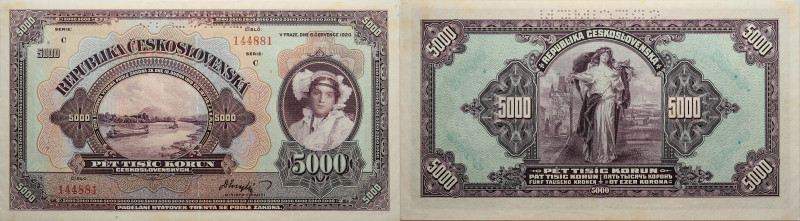 Tschechoslowakei 
5000 Korun SPECIMEN
1920

Vs: Perforation SPECIMEN, Fluß L...